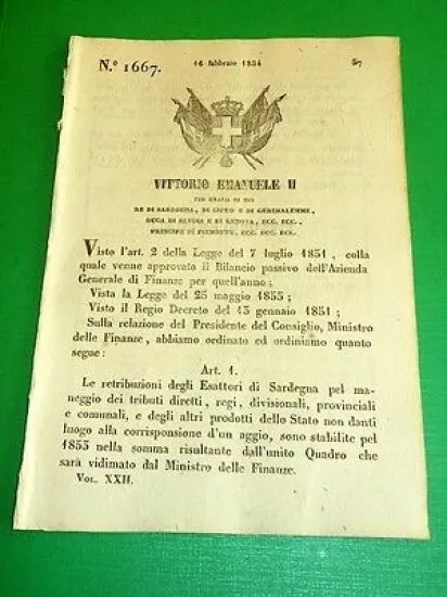 Decreti Regno Sardegna Torino Retribuzioni Esattori di Sardegna 1854