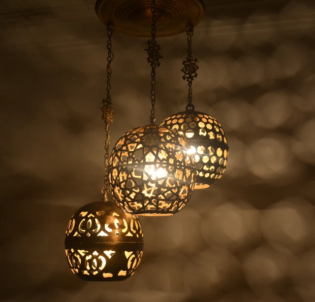 Handcrafted Moroccan Oxidize Brass 3 in 1 Pendant Lamps Ceiling Lights