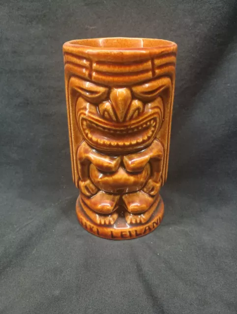 Vintage Tiki Leilani Brown Ceramic Hawaiian Cup Mug Double-Sided.  5" T 2 1/2” W