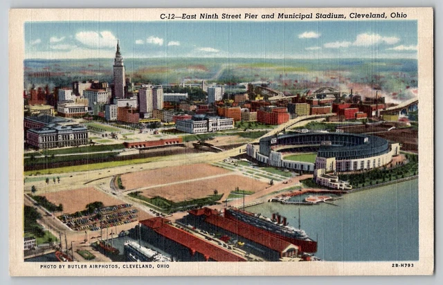 1940s Aerial View Cleveland OH Ohio Indians Municipal Stadium Linen Postcard