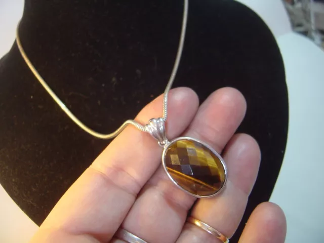 Beautiful Solid Silver-18"Chain &Hand Made Superb Large Tigers Eye Pendent