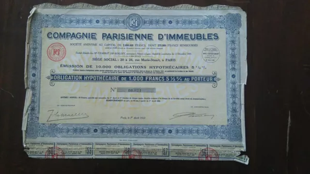 Action / Compagnie Parisienne D'immeubles / Obligation De 1000 Francs 1931