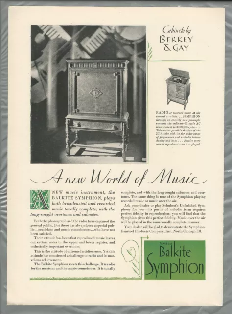 1928 BALKITE SYMPHION advertisement, radio phonograph, Fansteel Berkey & Gay