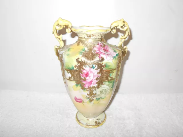 Nippon Vtg 1900'S Rose Jeweled Gold Maple Leaf Beaded Hand Painted Vase