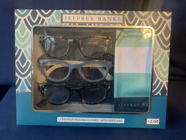 Jeffery Banks set of 3 premium womens reading glasses with soft case +2.00