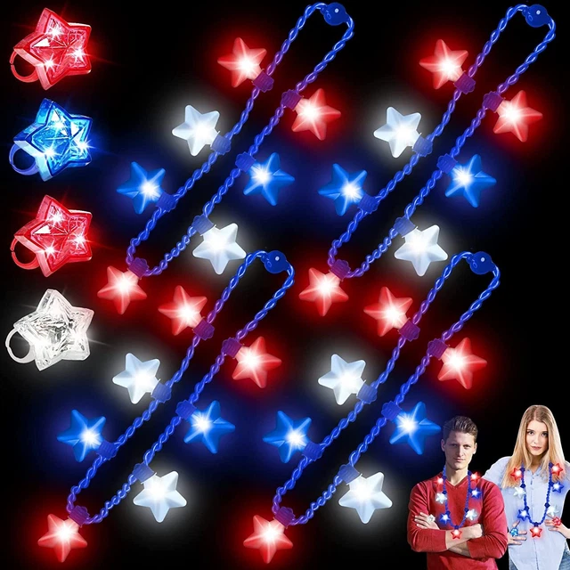 8 Pack 4th of July Party Favor, 4 LED Light Up Necklaces 4 Ring Finger Lights Re
