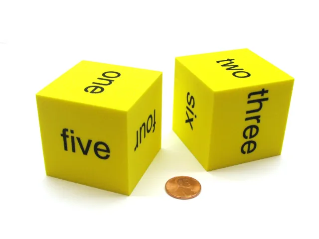Pack of 2 50mm Large Foam Word Number (one to six) Dice Blocks-Yellow with Black