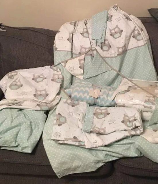 Dunelm Duck Egg Owl Nursery Set Duvet Curtains Bunting Blanket Etc Cot Bed