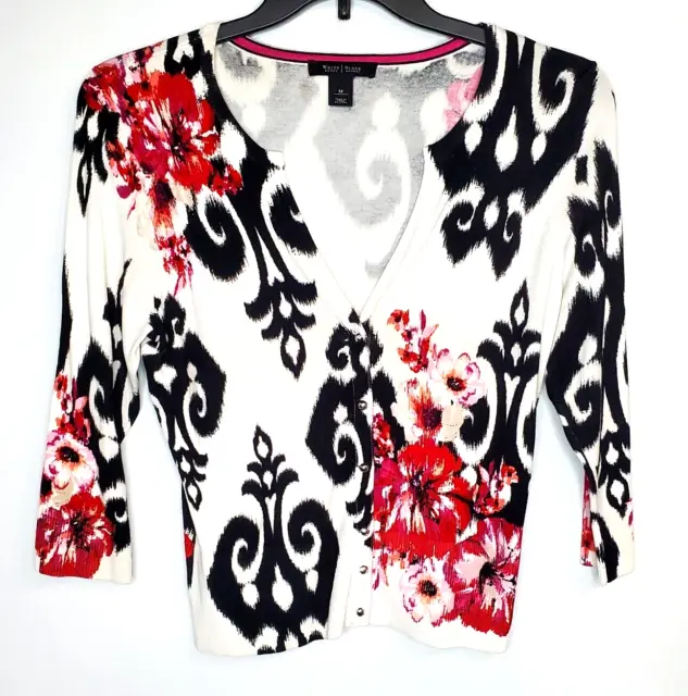 WHBM Womens Snap Front Cardigan SZ M Black Red Cream Pink Floral Sweater Shrug