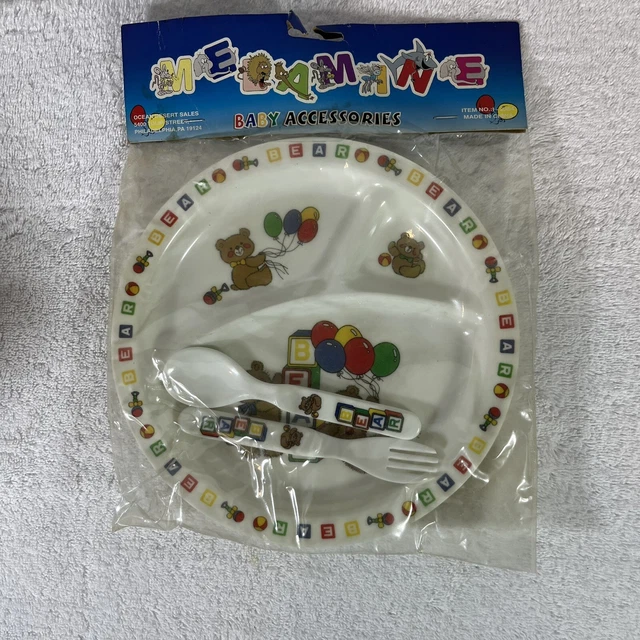 Vtg melamine Baby/toddler Dish Set Bears/balloons /blocks Plate,fork/spoon New