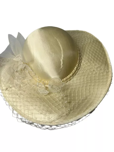 VTG 70s Bridal Hat Wedding Beaded Applique Embroidered Ivory White Pearl Brim S