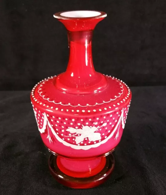 Handpainted Antique Victorian Cased Glass Vase Rose Red WWhite 6 Inches EXC