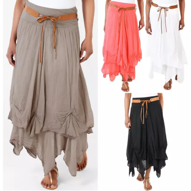 Womens Boho Skirt Gypsy Maxi Tiered Long Asymmetric Hitched Hem Cotton Festival