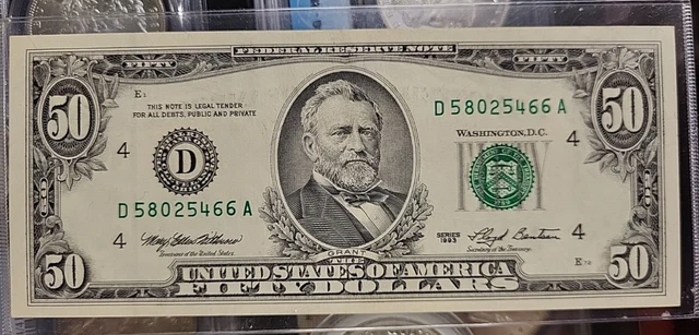 1993 Series (D) $50 Fifty Dollar Bill Federal Reserve Note Vintage Currency