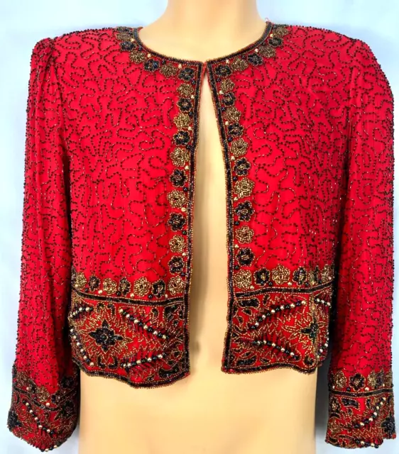 LAURENCE KAZAR NEW YORK Red SILK Jacket PL Glass Beaded/Evening AS IS