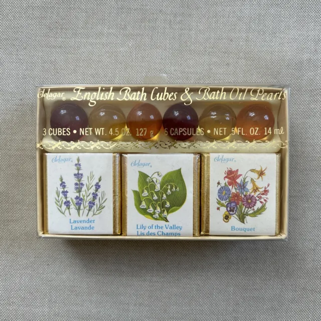 Vtg DELAGAR English Bath Cubes & Oil Pearls Lavender Lily of the Valley Bouquet