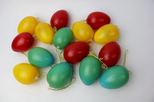 Vintage Easter Egg Plastic Tree Hanging Ornaments - Set of 15 Red, Yellow, Blue