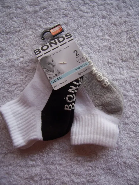BNWT Baby Boy's Bonds 2 Pack Black, Grey & White Crew Socks Shoe Size 1-2