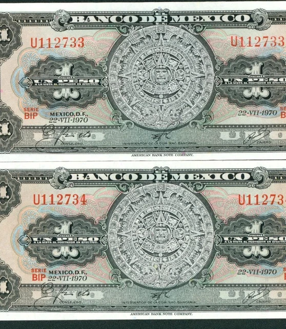 ((TWO CONSECUTIVE)) 1 Peso (( GEM )) 1970 El Banco De Mexico DAILY CURRENCY
