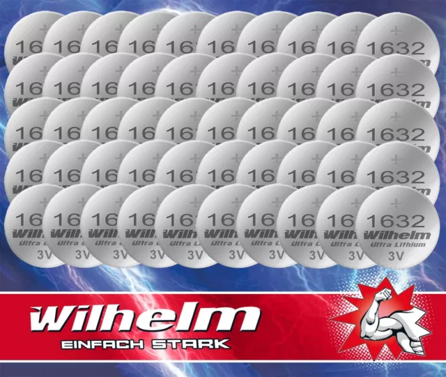 50 x CR1632 WILHELM Lithium Knopfzelle 3V 140 mAh ø16 x 3,2 mm Batterie DL1632