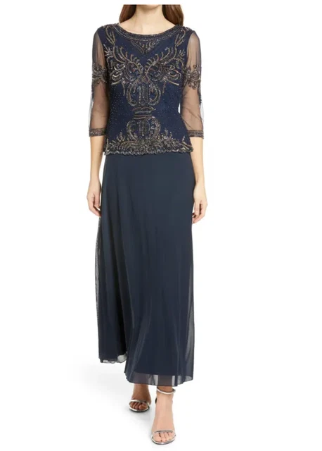 Pisarro Nights Dress Bead Embellished Gown Navy Blue Women Sz 4 NEW NWT N41