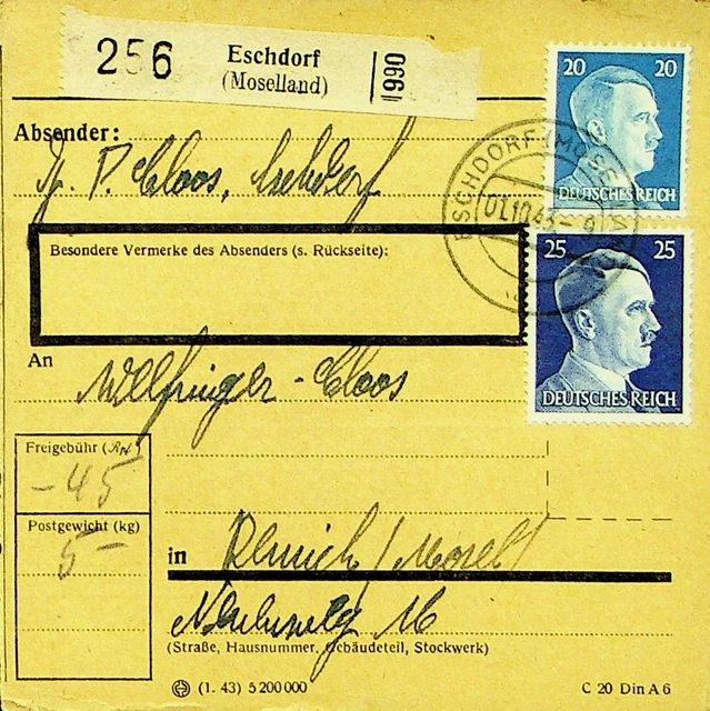 Deutschland 1943 WWII 2v Führer Auf Paket Karte Von Eschdorf Remich Luxembourg