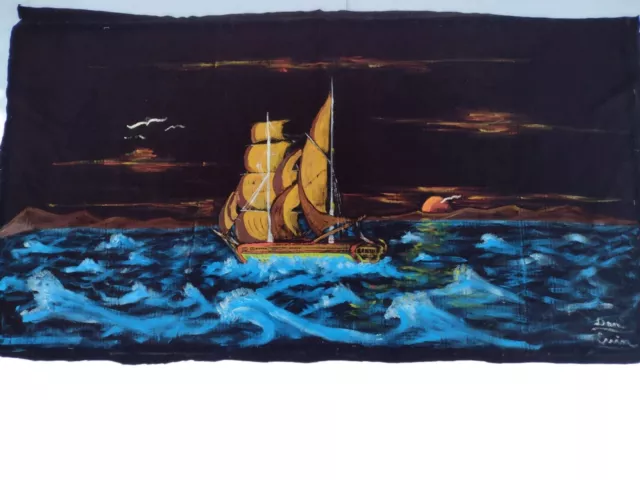 Vtg Signed Original Nautical Ships Oil Painting on Black Velvet 49 x 25 Unframed