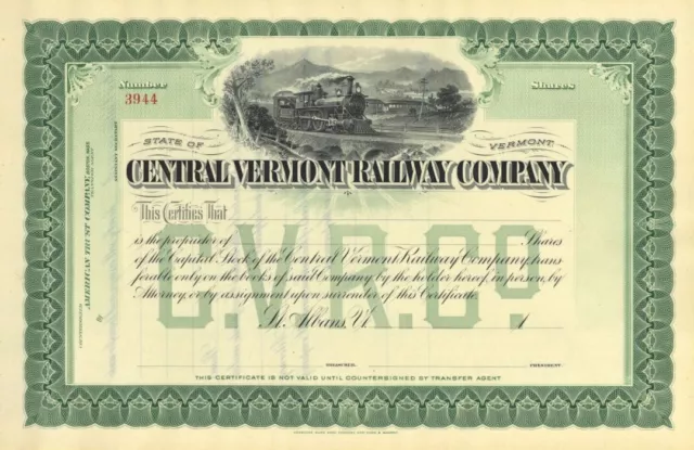 Central Vermont Railway Co. - Vermont Unissued Railroad Stock Certificate - Rail