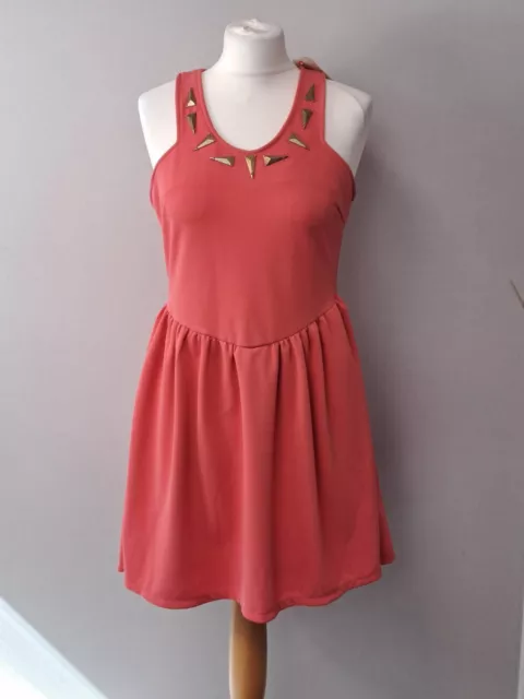 Oh My Love Coral Halter Neck Skater Dress Womens Size Large (GI21) 2