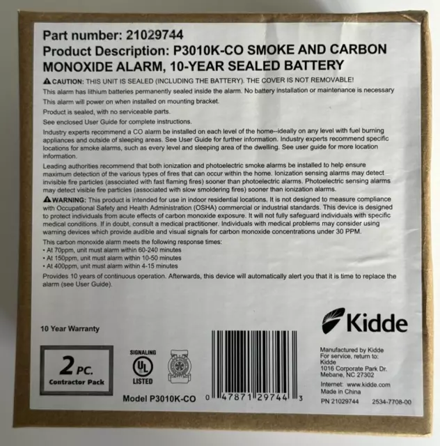 KIDDE 2 Pack Smoke Detector Carbon Monoxide Detector Combo 10 Yr Battery P3010K