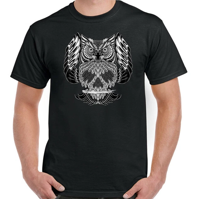 Gufo Teschio T-Shirt Uomo Biker Gotico Tatuaggio Motocicletta Musica Rock Top