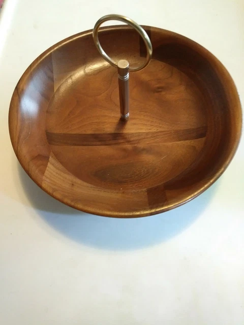 Vintage Centerpiece Pedestal Serving Bowl Plate Walnut Wood BRASS Footed w ring!