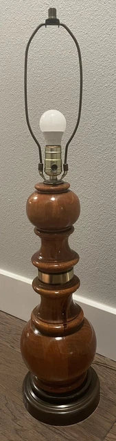 MCM Vintage Turned Wood and Brass Electric Table Lamp w/Harp & Finial MCM Vintage Turned Wood and Brass Electric Table Lamp w/Harp & Finial