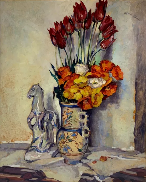 Peinture À L'Huile Egon Tschirch 1889-1948 Rostock Nature Morte Avec Tulipes Et 3