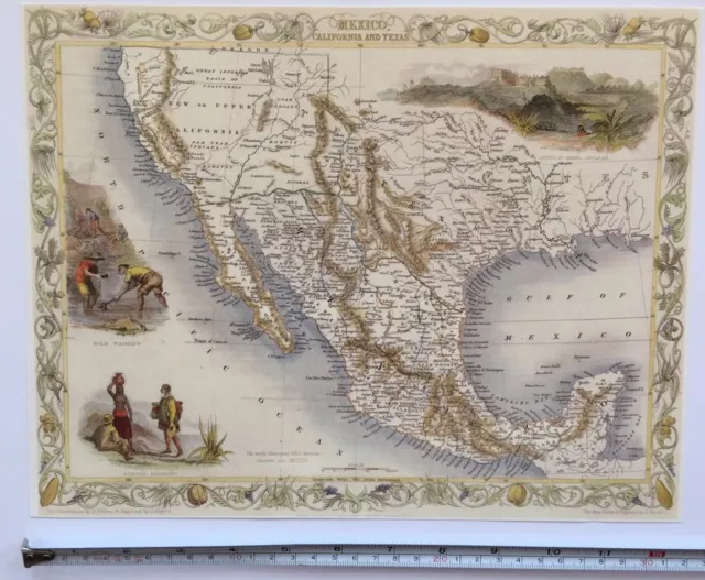 Old Antique vintage picture map 1800s: Mexico, California, Texas: Tallis Reprint