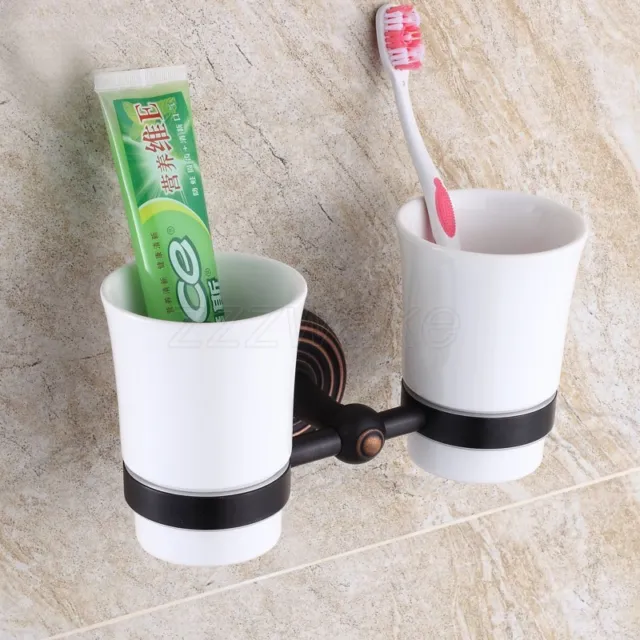 Oil Rubbed Bronze Toothbrush Holder Double Ceramic Cup Holder Wall Mounted