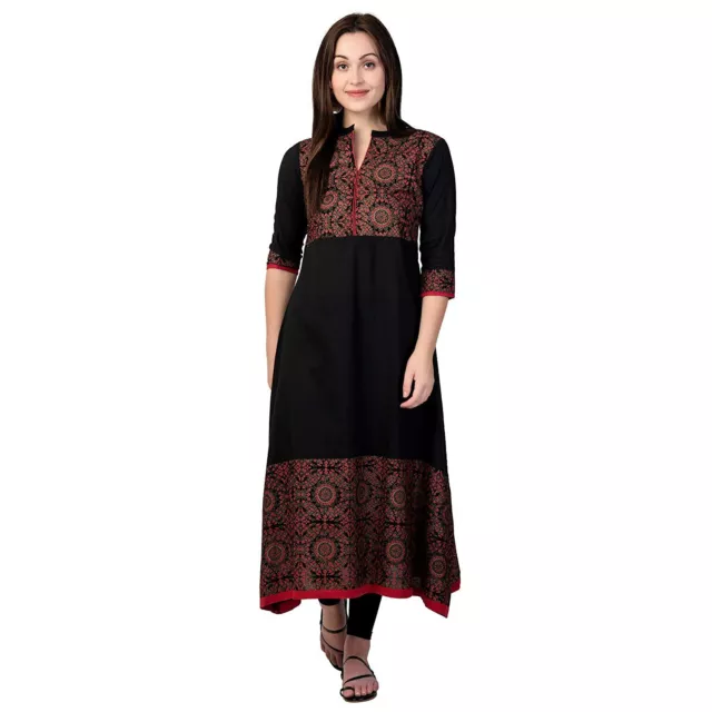 Indian Women Designer Black Printed Kurta Kurti Long A-Line Dress New Pakistani