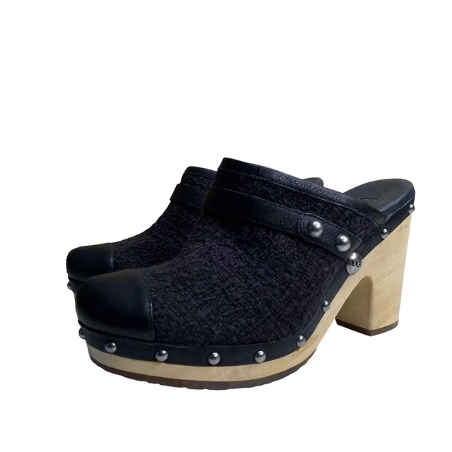 UGG Abbie Studded Wooden Platform Clogs Mules Fur Lined Shoes Women's 8 Black