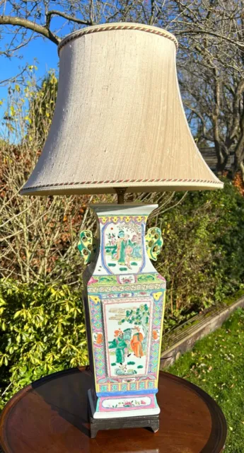 Fabulous Vintage Famille Verte Style Lamp With Geometric Patterns & Noblemen