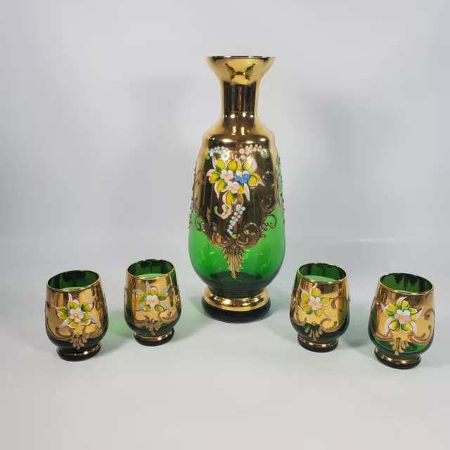 VTG Bohemian Czech Green Gold Glass Decanter & 4 Glasses Set Handpainted
