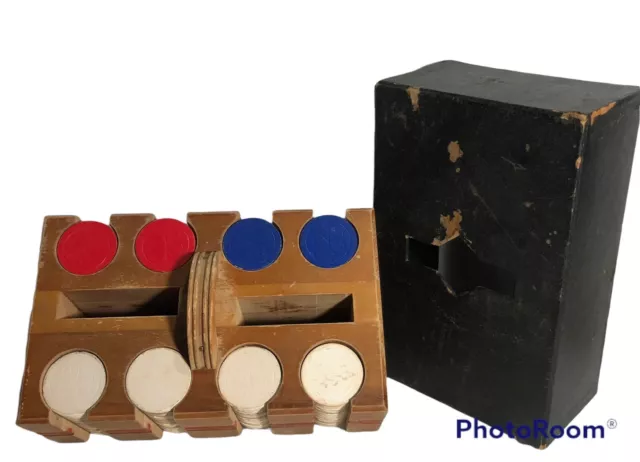 Rare vtg antique 8 slot poker chip tray case wood w xtr chips