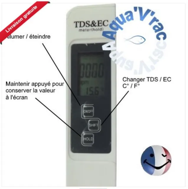 Testeur 3 en 1 conductivimetre conductimetre TDS µs ppm temp aquarium + piles ! 2