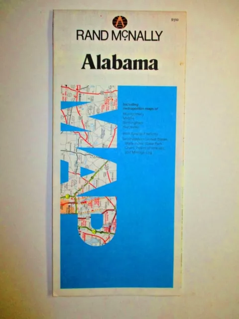 Rand McNally Alabama 1980s Folding Road Map w/ Cities Vintage