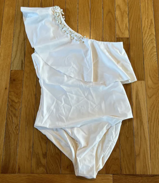 New Badgley Mischka Swim Bathing Suit One Shoulder Cream Pearl Embellished Sz XL