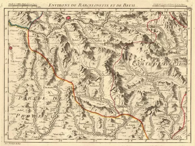 ALPI DEL SUD. Barcelonnette Beuil Seyne Colmars Allos Isola. Mappa di D'ANVILLE 1754