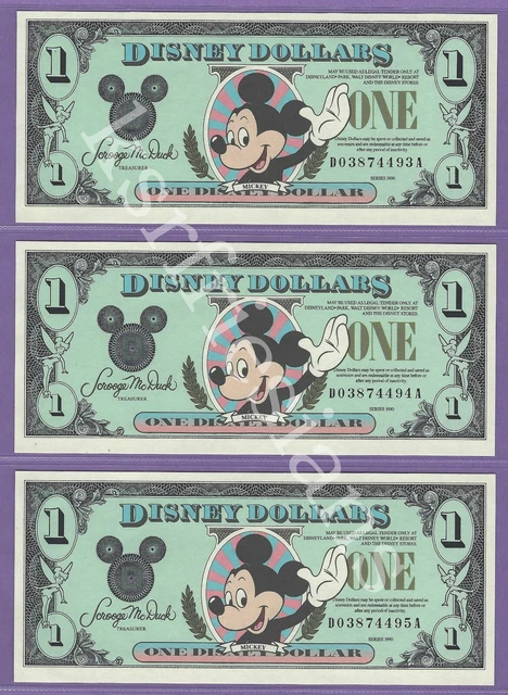 1990 $1 MICKEY DISNEY DOLLARS (3) Consecutive D03874493A - D03874495A