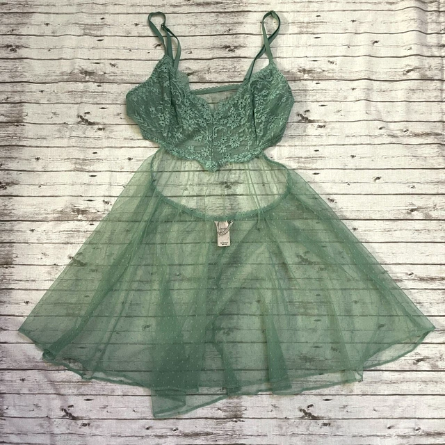Victorias Secret Womens Lingerie Babydoll Green Sheer Polka Dot Cut Out Size XS