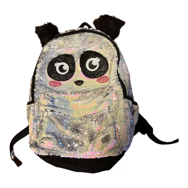 SPARKLY JUSTICE GIRLS L Silver Sequin Panda Backpack Pom Pom Ears