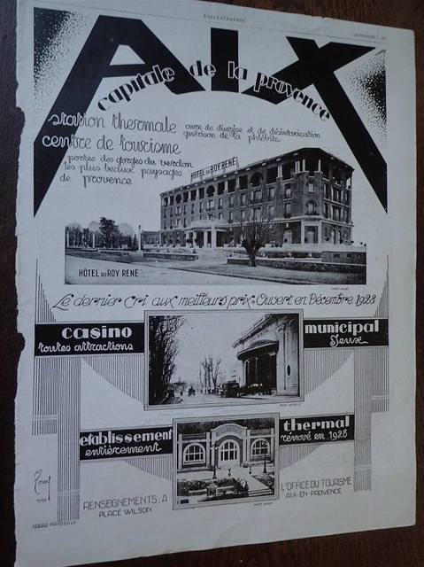 AIX EN PROVENCE casino hôtel ROI RENE  therme publicité papier ILLUSTRATION 1929