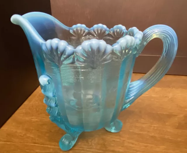 Antique Northwood Klondyke Fluted Scrolls Blue Opalescent Creamer/Pitcher 5”